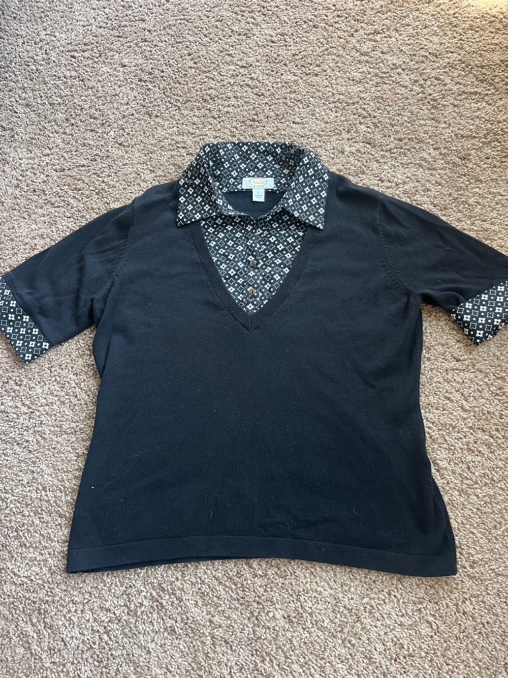 Talbots Black Short-Sleeve Layered-Look V-Neck Top with Patterned Collar